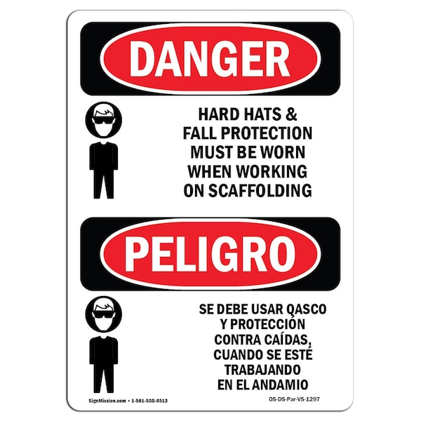 OSHA, Hard Hats Protection Scaffolding Bilingual, 18in X 12in Rigid Plastic, 12" W, 18" H, Spanish